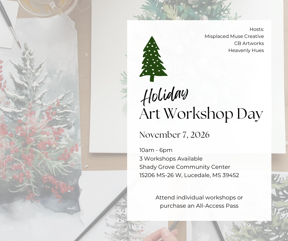 Advertisement for a Holiday Art Workshop Day with a green tree graphic on a white background.