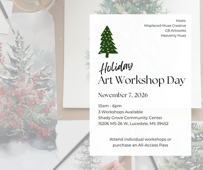 Advertisement for a Holiday Art Workshop Day with a green tree graphic on a white background.